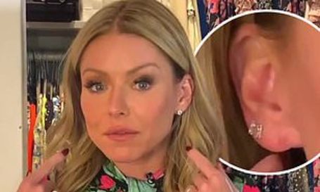 kelly ripa showing her ear lobe which was fixed by the surgeon via her instagram video 